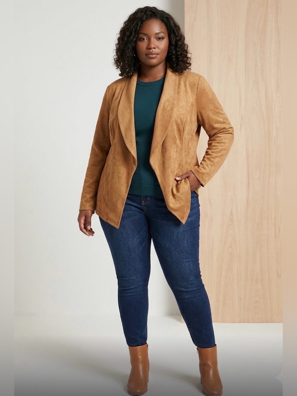 SHEIN Suede Open-Front Jacket - Camel Brown